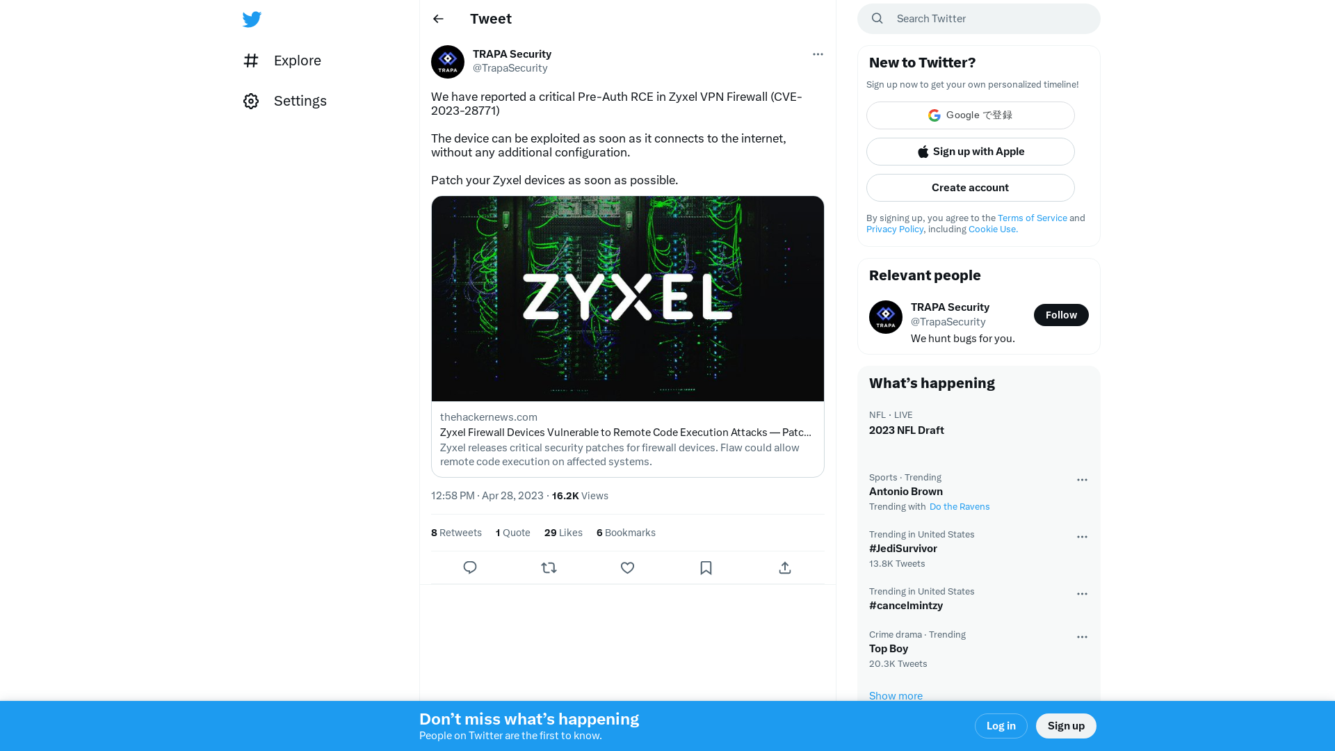 TRAPA Security on Twitter: "We have reported a critical Pre-Auth RCE in Zyxel VPN Firewall (CVE-2023-28771) The device can be exploited as soon as it connects to the internet, without any additional configuration. Patch your Zyxel devices as soon as possible. https://t.co/OYpMwg8Q6i" / Twitter