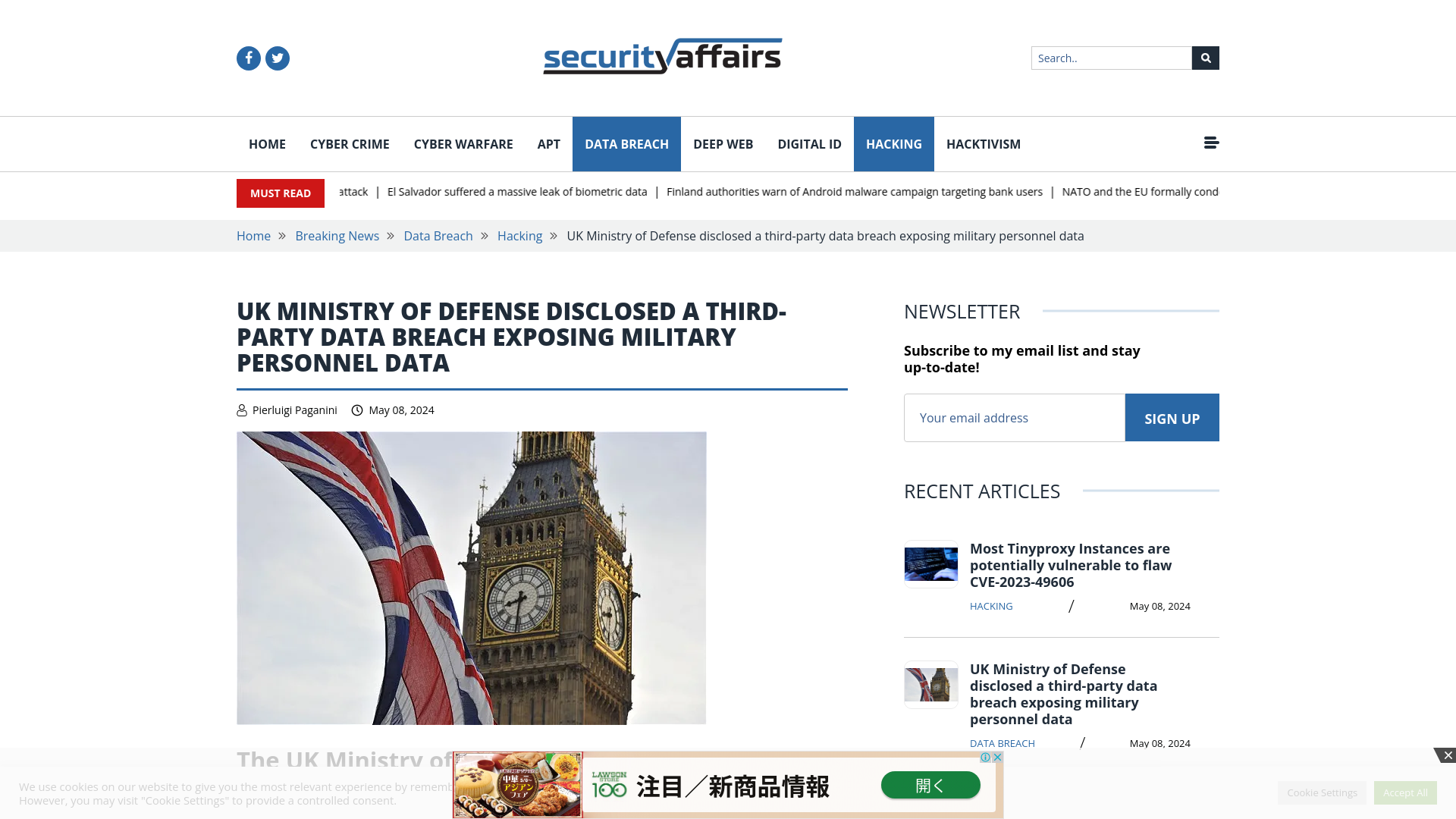 UK Ministry of Defense disclosed a third-party data breach exposing military personnel data 